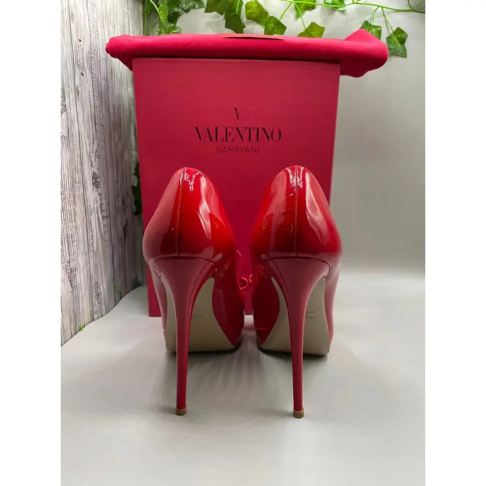 Valentino‎ Garavani Couture Open Toe Bow Red Patton Leather Womans Pump Heels 39